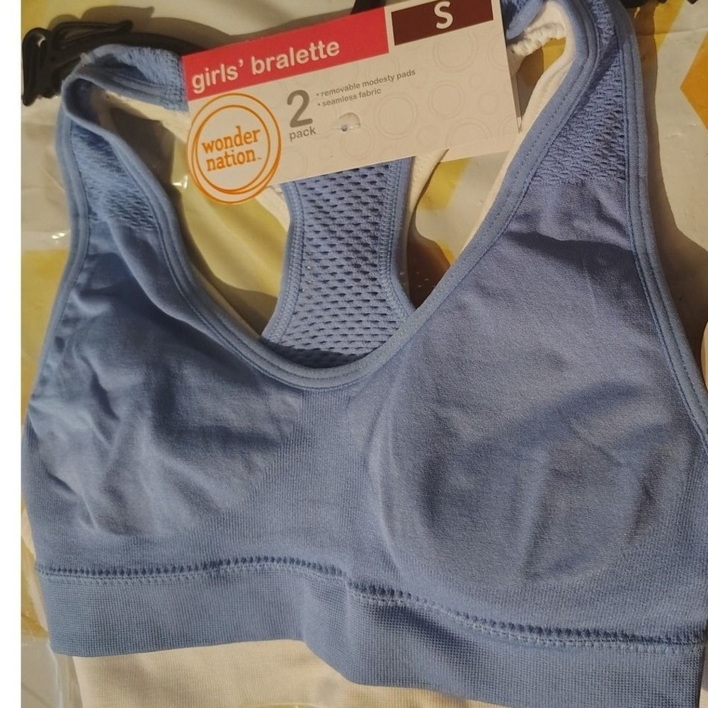Wonder Nation Girls Bralette 2 Pack Blue White Seamless Racerback Size S 6-6X